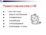 Правописание слов с НЕ. (не) настный вовсе (не) близкий (не)здоровье (не)забудка (не)правдивый (не)правда, а ложь