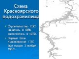 Схема Красноярского водохранилища. Строительство ГЭС началось в 1956, закончилось в 1972г. Первый блок Красноярской ГЭС был пущен 3 ноября 1967г.