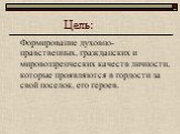 Цель: Формирование духовно- нравственных, гражданских и мировоззренческих качеств личности, которые проявляются в гордости за свой поселок, его героев.