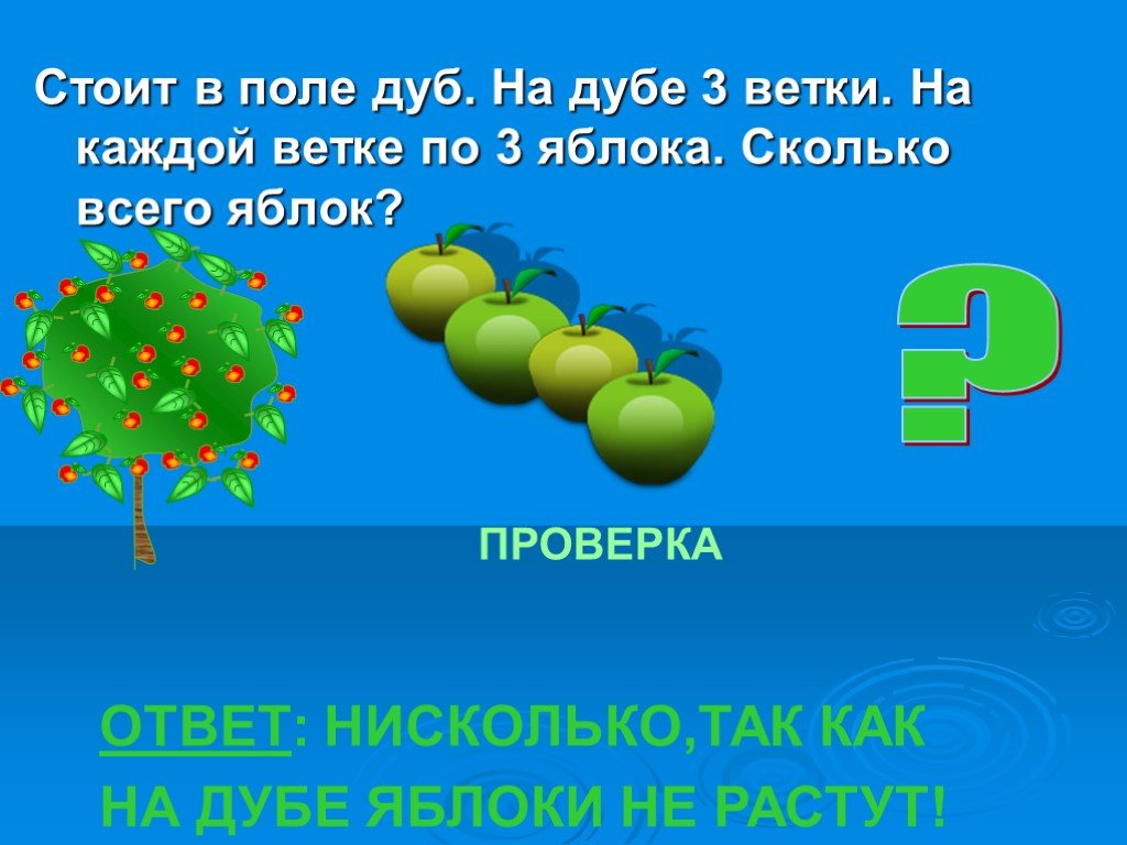 2 3 4 5 каждая. На дубе 3 ветки на каждой ветке по яблоку. На дубе 6 веток на каждой по 6 яблок. На дубе растут яблоки. Сколько яблок растёт на дубе.