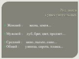 Род имен существительных. Женский : весна, земля… Мужской : дуб, брат, цвет, предмет… Средний : кино, пальто, окно… Общий : умница, сирота, плакса...