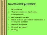 Композиция рецензии: Вступление Формулирование проблемы Комментарий Авторская позиция Ваше мнение (согласие/несогласие с позицией автора) Первый аргумент Второй аргумент Вывод