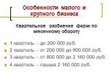 Особенности малого и крупного бизнеса. 1 квартиль – до 200 000 руб. 2 квартиль – от 200 000 до 800 000 руб. 3 квартиль – от 800 000 до 2 160 000 руб. 4 квартиль – свыше 2 160 000 руб. Квартильное разбиение фирм по месячному обороту