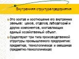 Внутренняя структура предприятия. Это состав и соотношение его внутренних звеньев: цехов, отделов, лабораторий и других компонентов, составляющих единый хозяйственный объект. Существуют три типа производственной структуры промышленного предприятия: предметная, технологическая и смешанная (предметно-