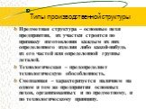 Типы производственной структуры. Предметная структура – основные цехи предприятия, их участки строятся по признаку изготовления каждым их них определенного изделия либо какой-нибудь из его частей или определенной группы деталей. Технологическая – предопределяет технологическую обособленность. Смешан