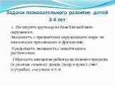 Задачи познавательного развития детей 3-4 лет. 1. Расширять кругозор на базе ближайшего окружения. Знакомить с предметами окружающего мира: их внешними признаками и функциями. Продолжать знакомить с животными и растениями. Обращать внимание ребенка на явления природы (в разные сезоны): дождь (вода и