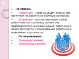 По уровню: •	Первичная - когда кандидат первый раз поступает на работу в конкретную компанию; •	Вторичная - при последующей смене работы внутри компании, причем она подразделяется на социализацию работника в новой должности и социализацию работника к понижению в должности. По направлениям: •	Произво