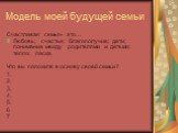 Модель моей будущей семьи. Счастливая семья- это… Любовь; счастье; благополучие; дети; понимание между родителями и детьми; тепло; ласка. Что вы положите в основу своей семьи? 1. 2. 3. 4. 5. 6 7