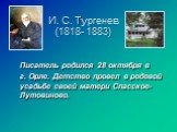 И. С. Тургенев (1818- 1883). Писатель родился 28 октября в г. Орле. Детство провел в родовой усадьбе своей матери Спасское- Лутовиново.