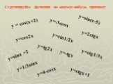 y = cos(x+2) y=cos2x y=sinx +2 y=-3cosx y=sin1/2x y=sin(x-5) y=tg2x y=2ctgx y=ctg1/3x y=1/3sinx y=4-cosx y=ctgx+1. Сгруппируйте функции по какому-нибудь признаку. y=-tgx