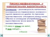 Синекдоха – разновидность метонимии, основанная на перенесении значения с одного явления на другое по признаку количественного отношения между ними. Обычно в синекдохе употребляется единственное число вместо множественного: К нему и птица не летит, И тигр нейдет… А.Пушкин