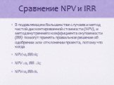 Сравнение NPV и IRR. В подавляющем большинстве случаев и метод чистой дисконтированной стоимости (NPV), и метод внутреннего коэффициента окупаемости (IRR) помогут принять правильное решение об одобрении или отклонении проекта, потому что когда NPV>0,IRR>k; NPV =0, IRR =k; NPV
