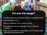 Кто все эти люди? - 57% мужчин (на них приходится 63% просмотров страниц) - 66% в возрасте 16-34. - Доступ из дома (84,7%) и с работы (46%) - 66% работают (на них приходится 70% просмотров страниц) - Киев (36,2%) и область (10%), Днепр (9,2%), Одесса (8%), Харьков(6%), Донецк (5,6%)