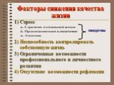 Факторы снижения качества жизни. Стресс а. Стратегия отложенной жизни б. Организационная алексетимия в. Агедония 2) Неспособность контролировать собственную жизнь 3) Ограниченные возможности профессионального и личностного развития 4) Отсутствие возможности рефлексии. синдромы