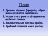 План. Древняя Аравия (природа, образ жизни и занятия населения). Ислам и его роль в объединении арабских племен. Завоевательные походы арабов. Арабский халифат и его распад.