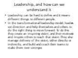 Leadership, and how can we understand it. Leadership can be hard to define and it means different things to different people. In the transformational leadership model, leaders set direction and help themselves and others to do the right thing to move forward. To do this they create an inspiring visi