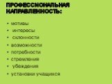 Профессиональная направленность: мотивы интересы склонности возможности потребности стремления убеждения установки учащихся