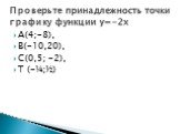 А(4;-8), В(-10,20), С(0,5; -2), Т (-¼;½). Проверьте принадлежность точки графику функции y=-2x