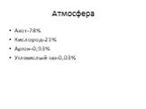 Атмосфера. Азот-78% Кислород-21% Аргон-0,93% Углекислый газ-0,03%
