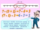 -(3 + 1) -1 7 - (3 + 1) = 7 - 4 = 3 (7 - 1) - 3 = 6 - 3 = 3. Для того чтобы вычесть сумму из числа, можно сначала вычесть из этого числа первое слагаемое, а потом, из полученной разности – второе слагаемое.