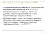 Важнейшие инструменты GEM. Стандартизованный национальный опрос взрослого трудоспособного населения, APS (ГУ-ВШЭ) Стандартизованные экспертные анкеты об условиях развития предпринимательства в соответствующих странах (СПбГУ) Интервью лицом к лицу с местными экспертами – сбор мнений венчурных капитал