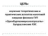 ЦЕЛЬ: изучение теоретических и практических аспектов налоговой нагрузки филиала ГУП «Оренбургкоммунэлектросеть»- Бугурусланские КЭС