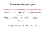 Химические методы: Через металлорганические соединения МОС синтез → очистка → термораспад 80 – 150oC RMgCl + MeCln → RnMe + MgCl2 ТГФ, эфир IIIA (кроме Al), VA, IVA, IB, IIB