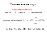 Карбонильный метод синтез → очистка → термораспад 45oC процесс Монт-Лагера Ni + 4CO ↔ Ni(CO)4 190oC Fe, Co, Ni, Os, Mn, Re, Cr, Mo, W