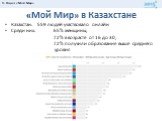 «Мой Мир» в Казахстане. Казахстан: 559 людей участвовало онлайн Среди них: 65% женщины, 72% в возрасте от 16 до 30, 72% получили образование выше среднего уровня