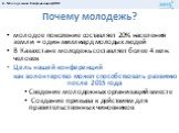 молодое поколение составляет 20% населения земли = один миллиард молодых людей В Казахстане молодежь составляет более 4 млн. человек Цель нашей конференций как волонтерство может способствовать развитию после 2015 года Сведение молодежных организаций вместе Создание призыва к действиям для правитель