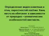 Определение видов животных и птиц окрестностей посёлка Хани, места их обитания в зависимости от природно – климатических особенностей местности. Выполнили: Гайсина Юлия уч – ся 9 класса МОУ СОШ № 16 Кириченко Максим уч – ся 2 класса МОУ СОШ № 16 Мальцев Данил уч – ся 2 класса МОУ СОШ № 16 Руководите