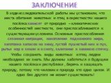 В ходе исследовательской работы мы установили, что места обитания животных и птиц в окрестностях нашего посёлка зависят от природно – климатических особенностей местности, они приспосабливаются к существующим условиям. Основные приспособления: сезонная миграция, накопление подкожного жира, заготовка