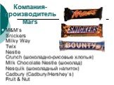 Компания- производитель Mars. M&M’s Snickers Milky Way Twix Nestle Crunch (шоколадно-рисовые хлопья) Milk Chocolate Nestle (шоколад) Nesquik (шоколадный напиток) Cadbury (Cadbury/Hershey’s) Fruit & Nut