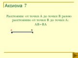 Аксиома 7. Расстояние от точки А до точки В равно расстоянию от точки В до точки А: АВ=ВА