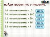 Найди процентное отношение: 10 по отношению к 10 20 по отношению к 200 12 по отношению к 60 48 по отношению к 16 35 по отношению к 7. 100 % 10 % 20 % 300 % 500 %