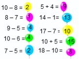 10 – 8 = 8 – 7 = 9 – 5 = 10 – 6 = 7 – 5 = 5 + 4 = 14 – 1= 17 – 7 = 10 + 5 = 15 18 – 10 = 13