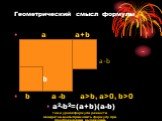 Геометрический смысл формулы. а a+b b а -b a>b, a>0, b>0 a2-b2=(a+b)(a-b). b a-b