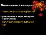 Возведите в квадрат. 3a; 0,2m; (1/3)x; (3/8)y3; 0,3y2 Представьте в виде квадрата одночлена: 9b2; 16m4; 0,09x10; 0,81m2n2; 4b2 тема урока:формула разности квадратов.Цель:применить формулу при преобразовании выражений.