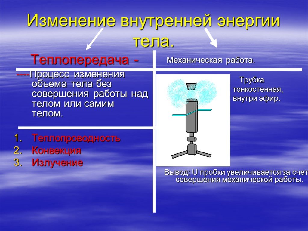 Какой вид теплопередачи сопровождается переносом. Теплопередача процесс изменения. Изменение внутренней энергии тела без совершения работы. Процесс изменения внутренней энергии без совершения работы над телом. Изменение внутренней энергии тела в процессе теплообмена.