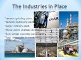The Industries in Place. cement grinding plant, cement packaging plant, sugar refinery plant, three petro chemical companies, two vehicle assembly plants and four companies in warehousing from Pakistan, India and