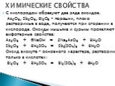 С кислородом образуют два ряда оксидов. As2O3, Sb2O3, Bi2O3 – порошки, плохо растворимые в воде, получаются при сгорании в кислороде. Оксиды мышьяка и сурьмы проявляют амфотерные свойства: As2O3 + 6NaOH = 2Na3AsO3 + 3H2O Sb2O3 + 3H2SO4 = Sb2(SO4)3 + 3H2O Оксид висмута – основного характера, раствори