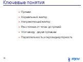 Ключевые понятия. Прямая Нормальный вектор Направляющий вектор Расстояние от точки до прямой Угол между двумя прямыми Параллельность и перпендикулярность