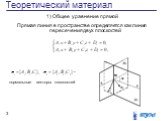 Теоретический материал. нормальные векторы плоскостей. 1) Общее уравнение прямой Прямая линия в пространстве определяется как линия пересечения двух плоскостей