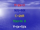 Y=2x+3 S(t)=60t C=2пR Y(x)=ln X Y=(x+5)/x