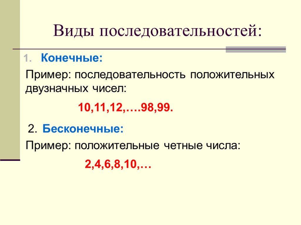 Конечное число последовательности. Виды последовательностей. Виды числовых последовательностей. Последовательность положительных чисел. Конечные последовательности примеры.