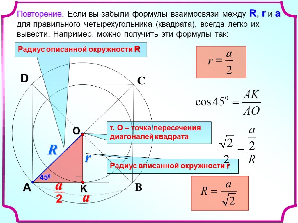 Площадь круга описанного около правильного четырехугольника. Радиус описанной окружности около четырехугольника формула. Формула радиуса описанного около четырехугольника. Радиус описанной окружности около четырехугольника. Формулы вписанной и описанной окружности.