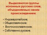 Выделяются группы исконных русских слов, объединяемых своим происхождением: Индоевропейские; Общеславянские; Восточнославянские; Собственно русские.