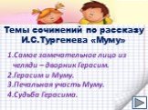 Темы сочинений по рассказу И.С.Тургенева «Муму». Самое замечательное лицо из челяди – дворник Герасим. Герасим и Муму. Печальная участь Муму. Судьба Герасима.