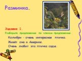 Разминка. Задание 1. Разберите предложения по членам предложения. Колибри – очень интересная птичка. Живёт она в Америке. Очень любит эта птичка сады.