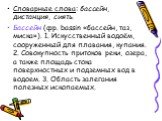 Словарные слова: бассейн, дистанция, сиять. Бассейн (фр. bassin «бассейн, таз, миска»). 1. Искусственный водоём, сооруженный для плавания, купания. 2. Совокупность притоков реки, озера, а также площадь стока поверхностных и подземных вод в водоем. 3. Область залегания полезных ископаемых.